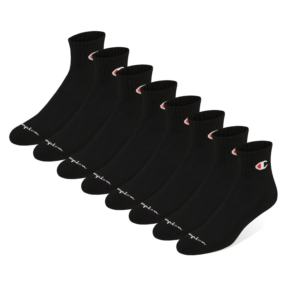 NWT Champion 8PK Men's Cushion Quarter Sock Size 6-10.5 Black